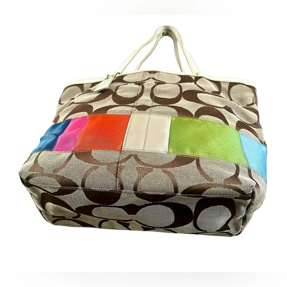 Vintage Coach Brown Signature Canvas Tote with Multicolor Accent Panels